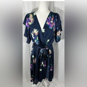DKNY Dark Blue Floral Wrap Midi Dress